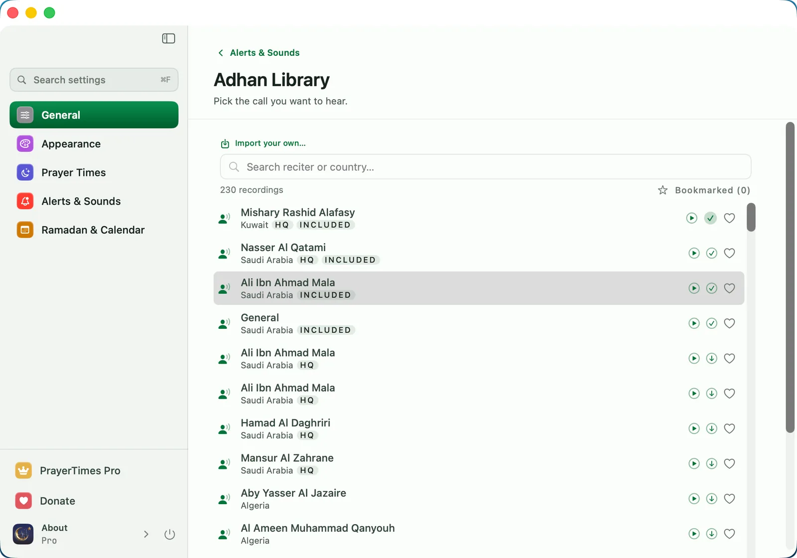 PrayerTimes Pro — Adhan library — 230 recordings, 28 countries