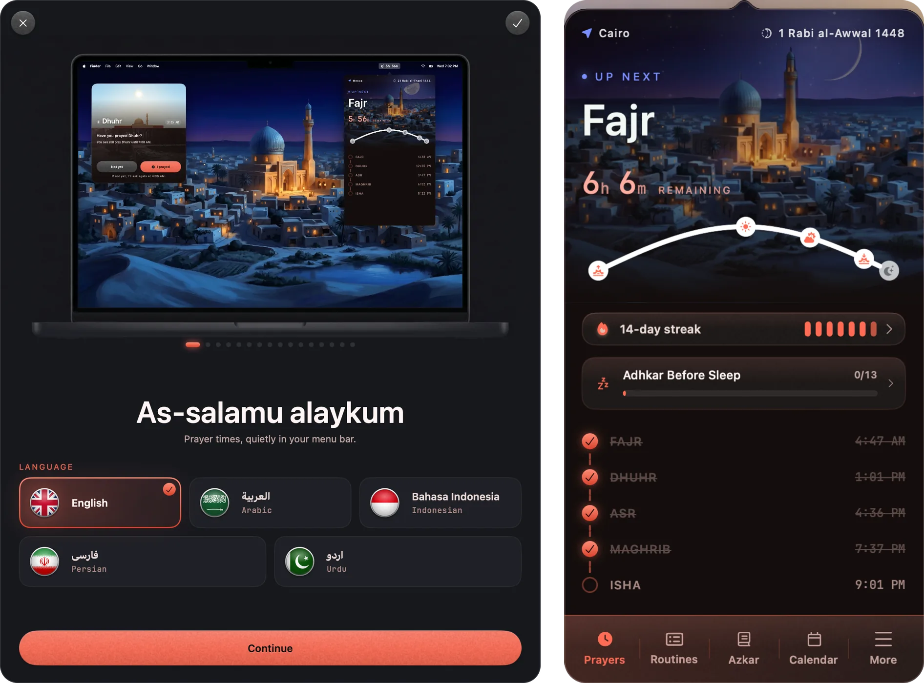 PrayerTimes Pro — App screens — welcome and the prayer timeline