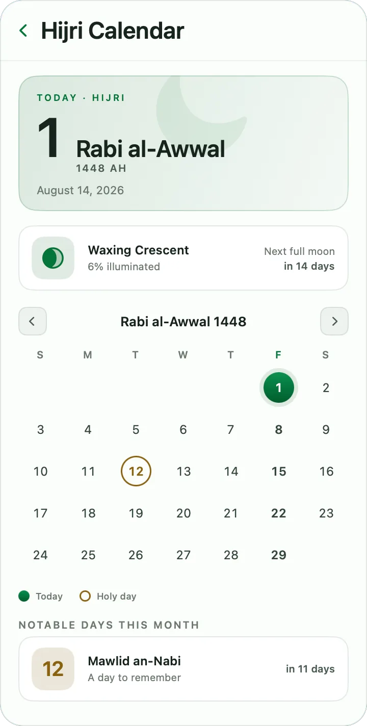 PrayerTimes Pro — Hijri calendar — moon phase and notable days