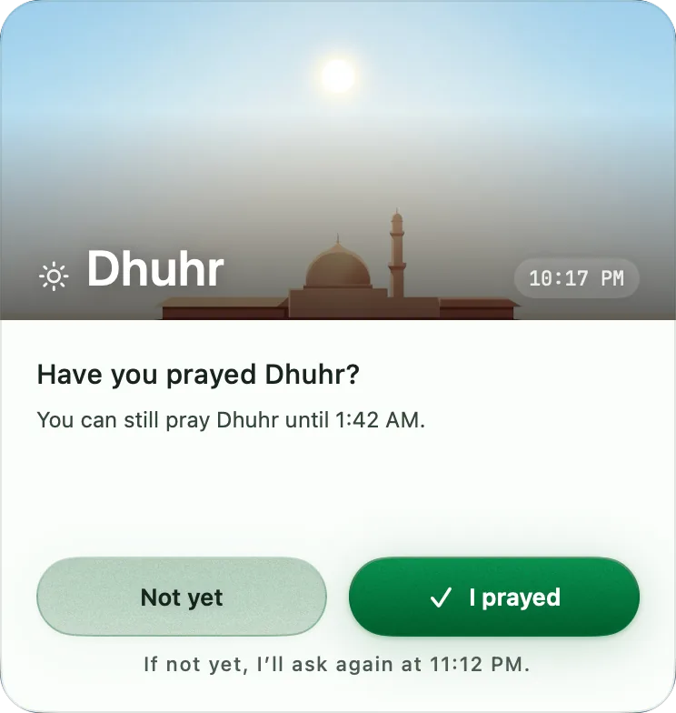 PrayerTimes Pro — Prayer check-in — “Have you prayed?”