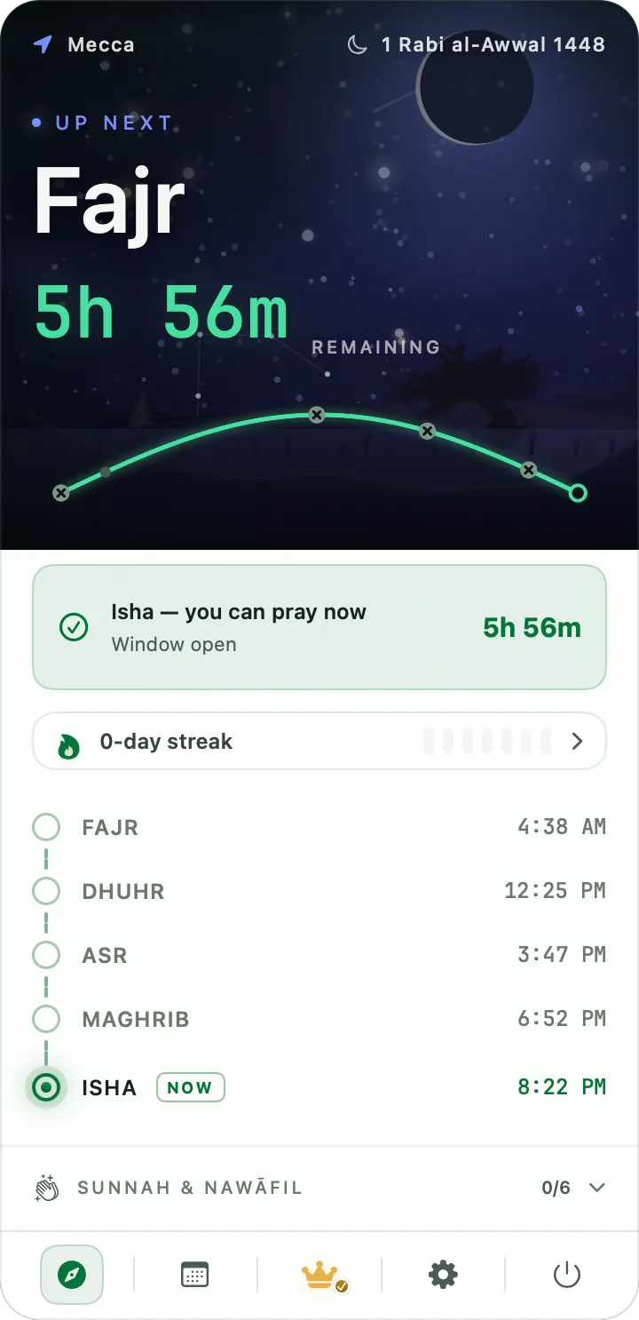 PrayerTimes Pro — Home — the prayer timeline
