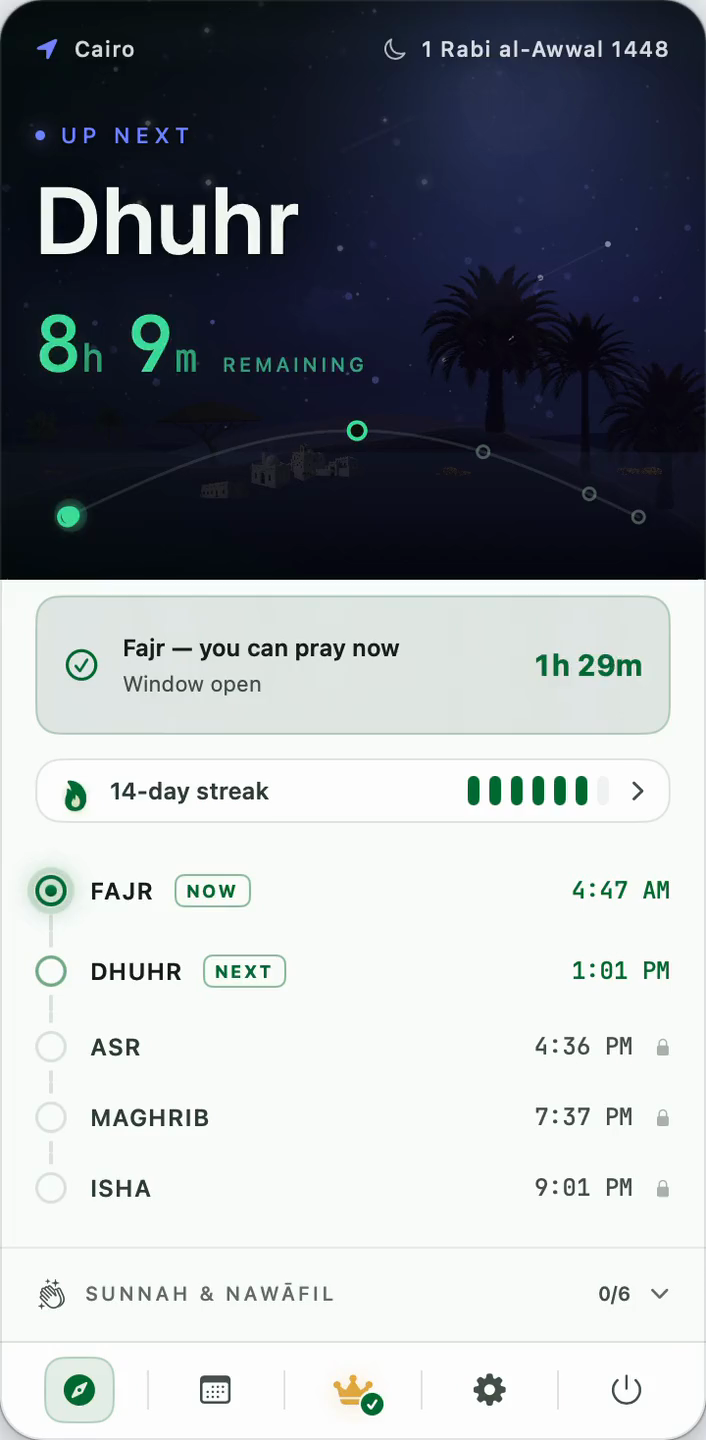 PrayerTimes Pro — Home — the day at a glance