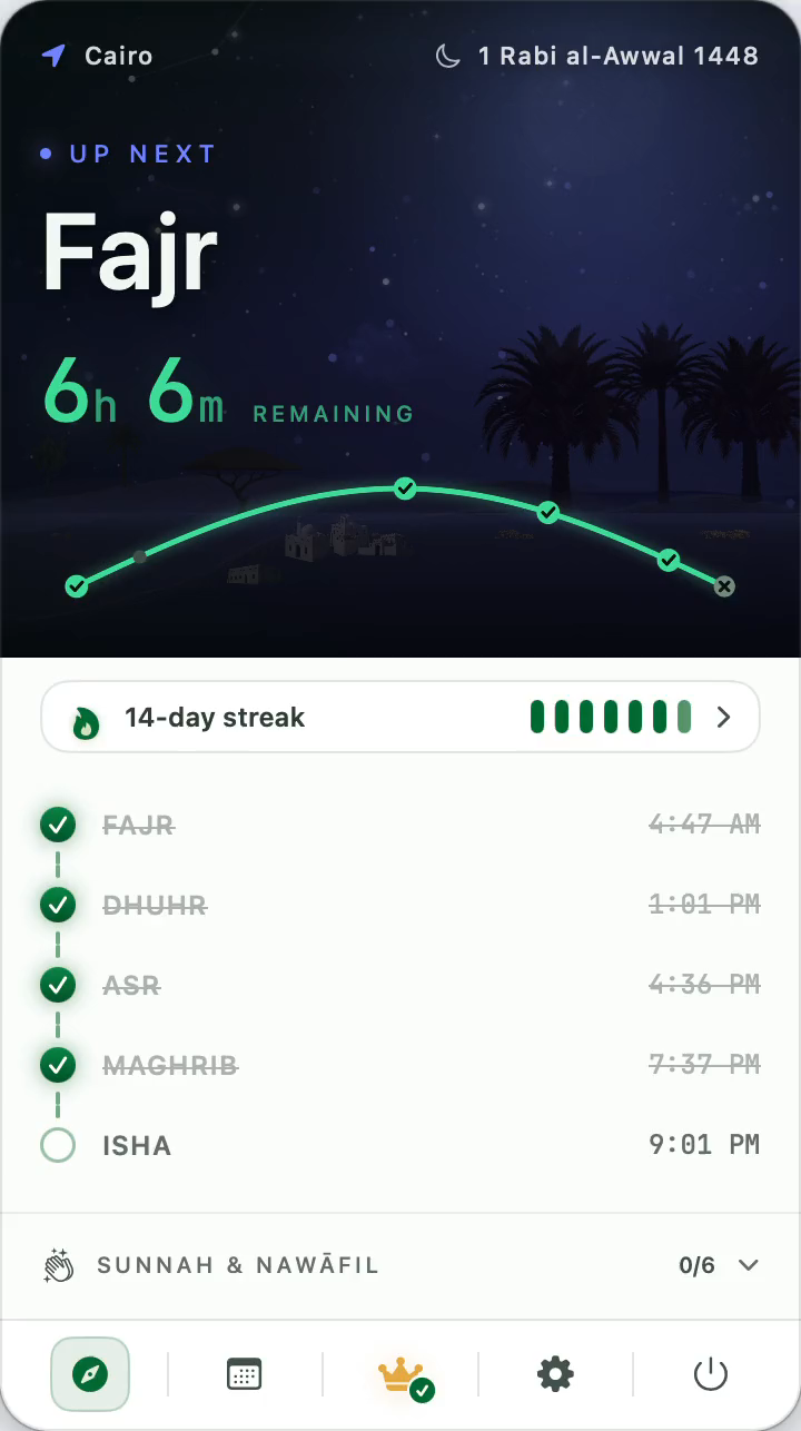 PrayerTimes Pro — Prayer log — Isha logged