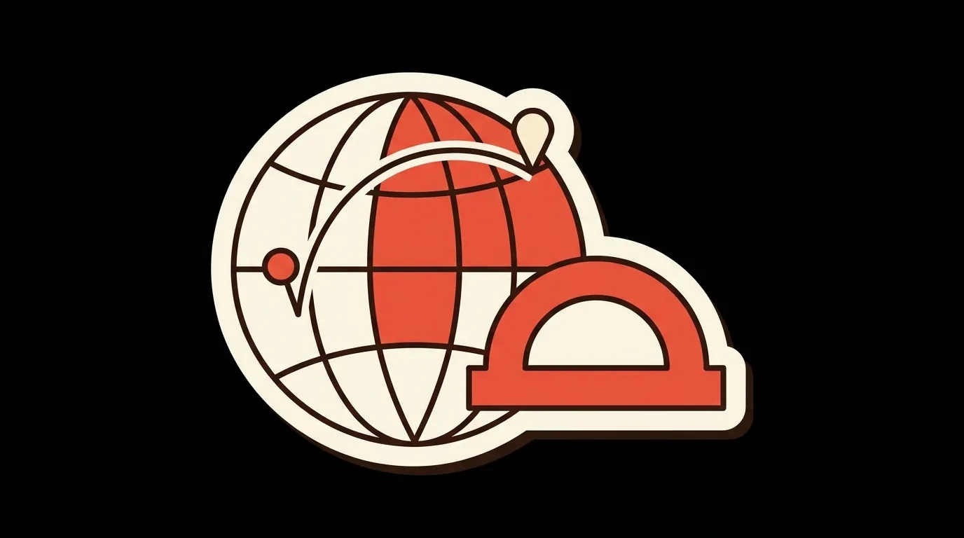 A globe with two pins joined by a curved arc, beside a protractor