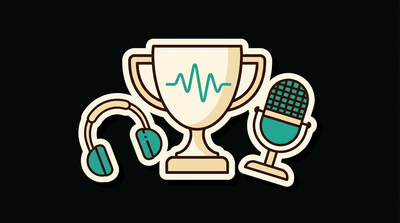 A trophy cup engraved with a waveform, beside a microphone