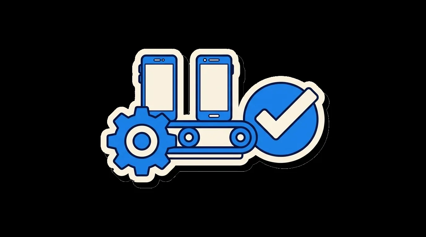 Two phones riding a conveyor belt toward a checkmark