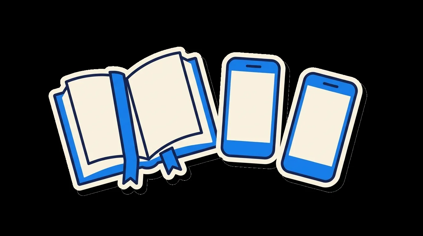 An open book with two bookmarks, beside two phones