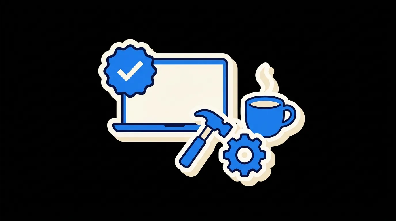 A laptop with a checkmark badge, a hammer and a gear: the build works again