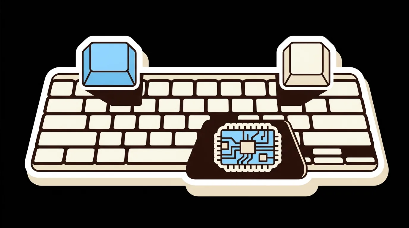 A keyboard with two raised keys and the chip inside that stores their setting