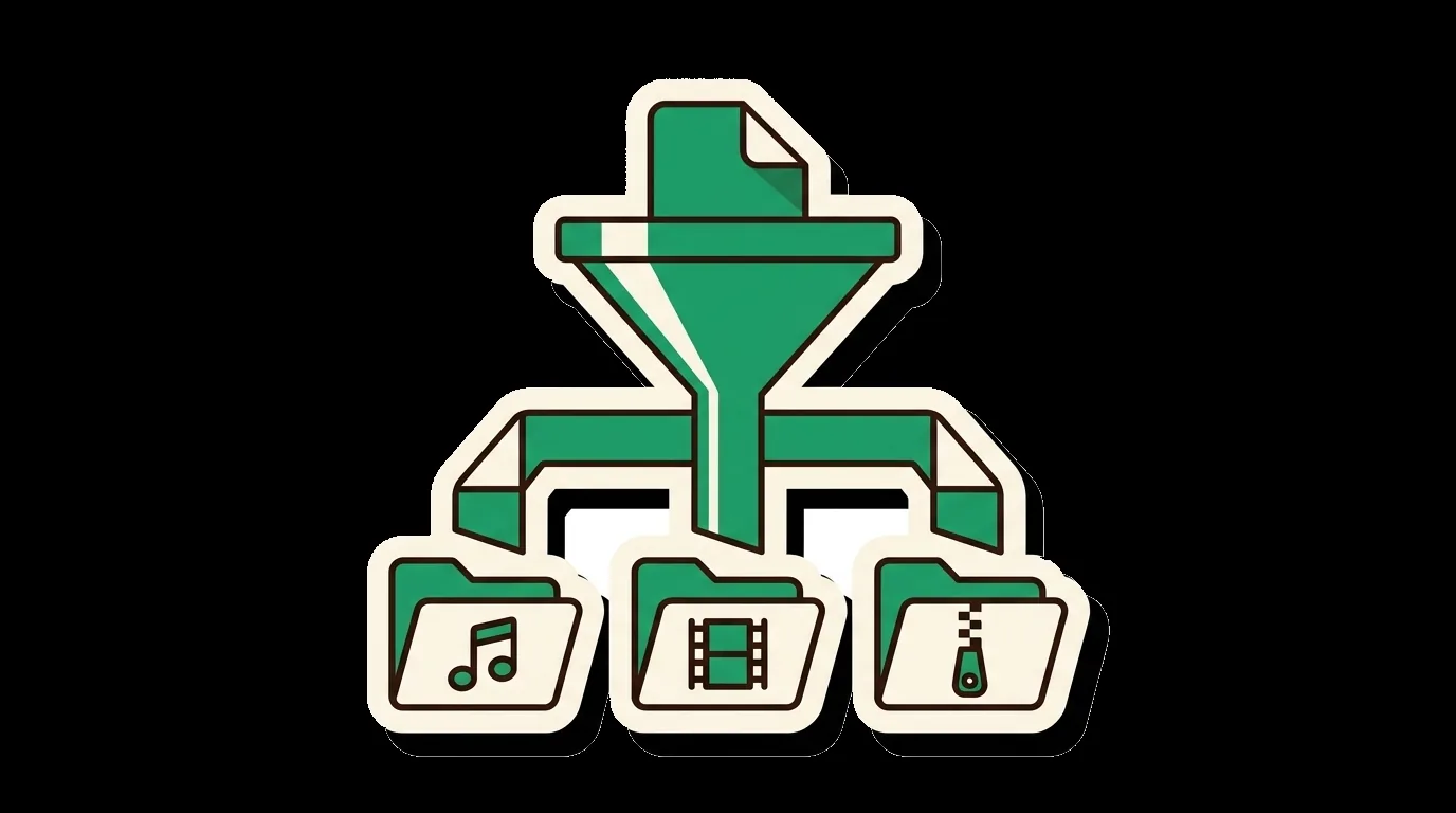 A file falling through a sorting funnel into the folder that matches its type