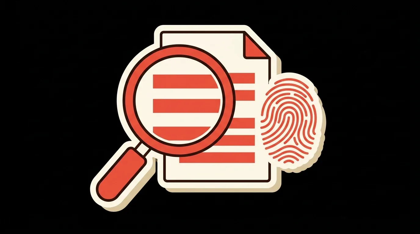 A magnifying glass over a document, beside a fingerprint