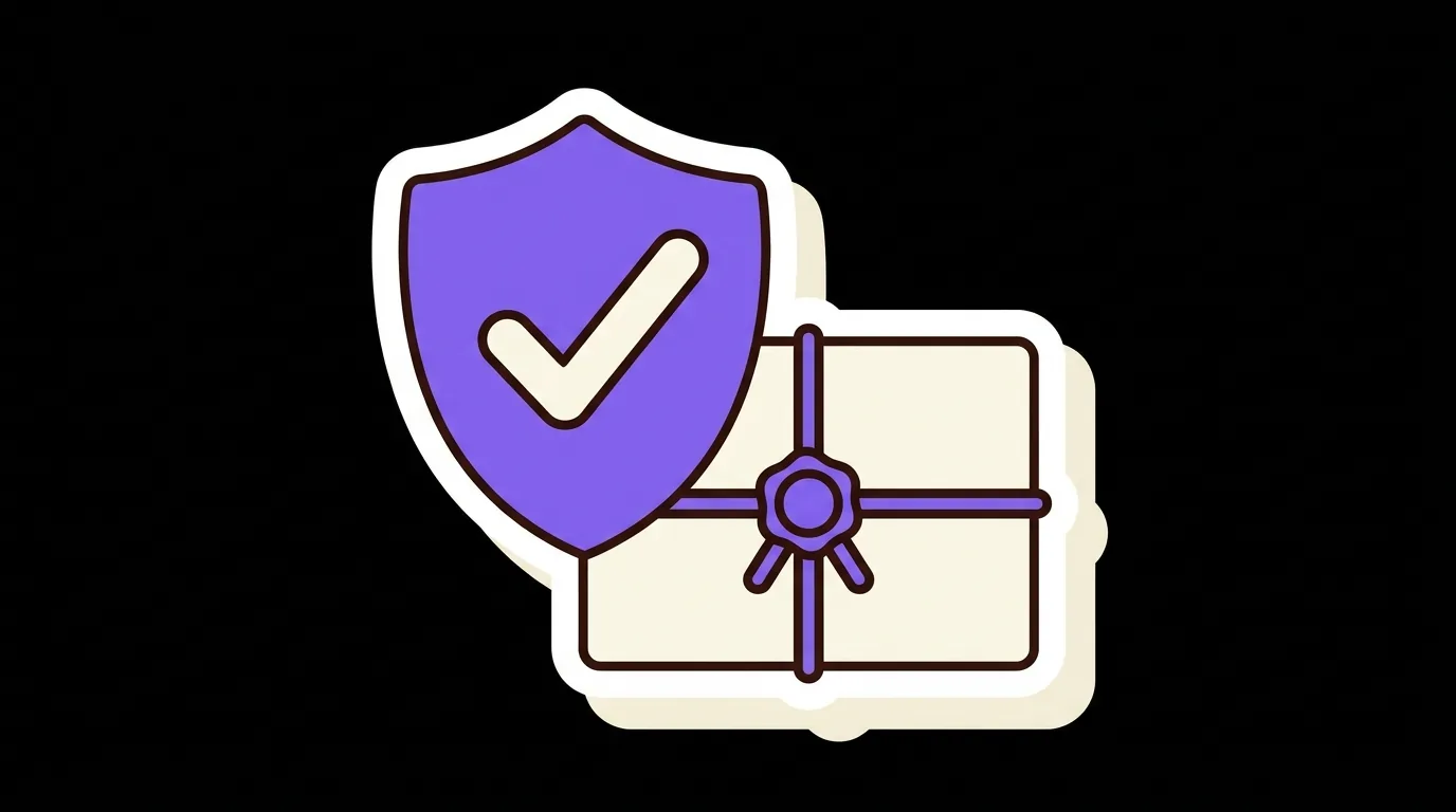 A shield with a checkmark in front of a sealed parcel