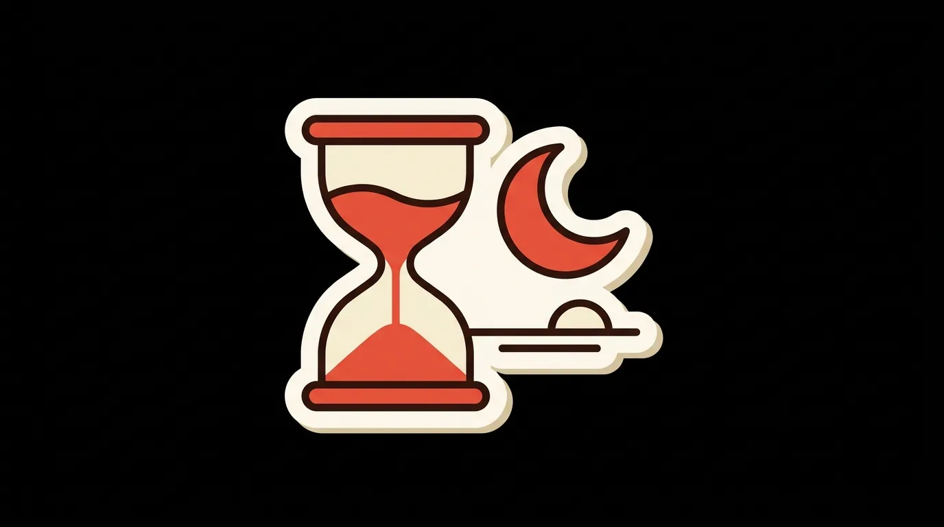 An hourglass beside a crescent moon and the first glow of dawn