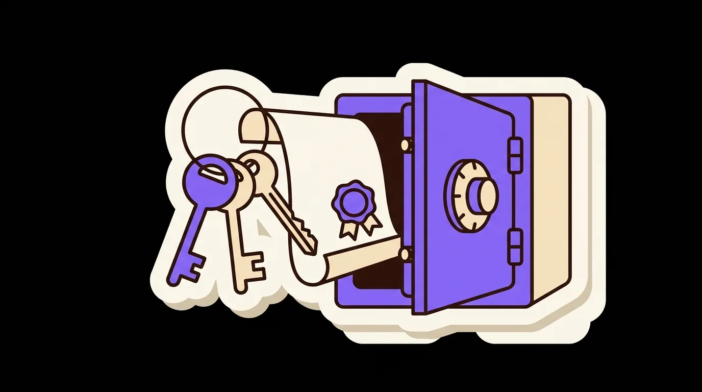 Keys and a sealed certificate going into a small vault