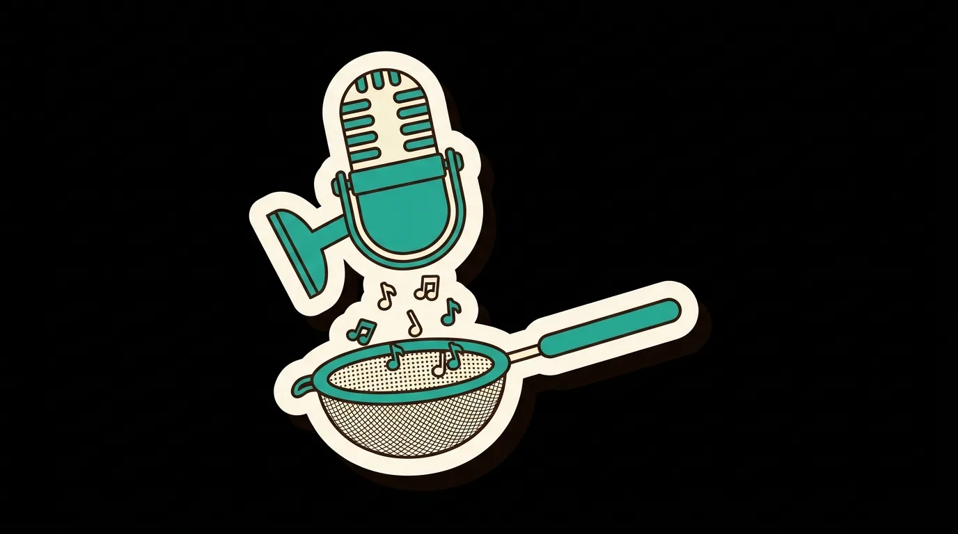 A microphone with stray specks of music caught in a sieve