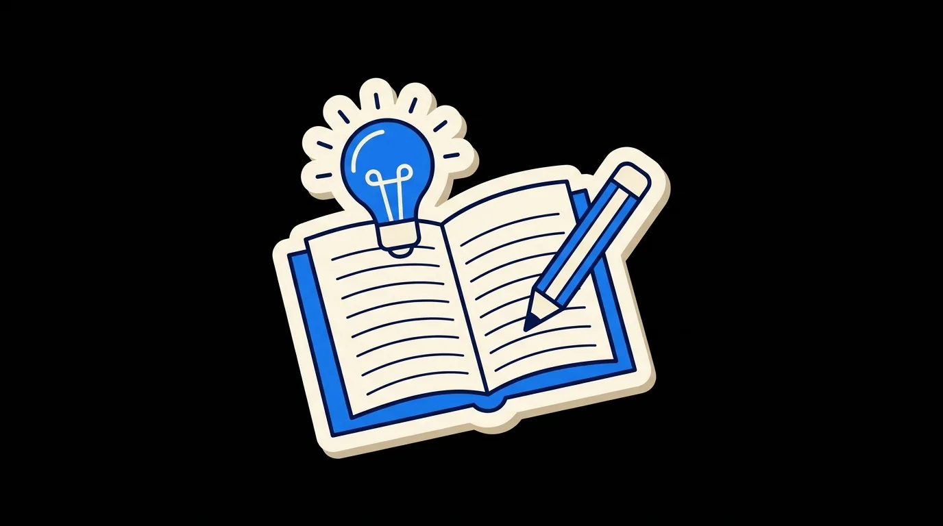 An open notebook under a light bulb, with a pencil
