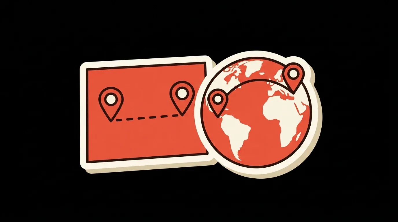 A straight line on a flat map beside a curved arc on a globe