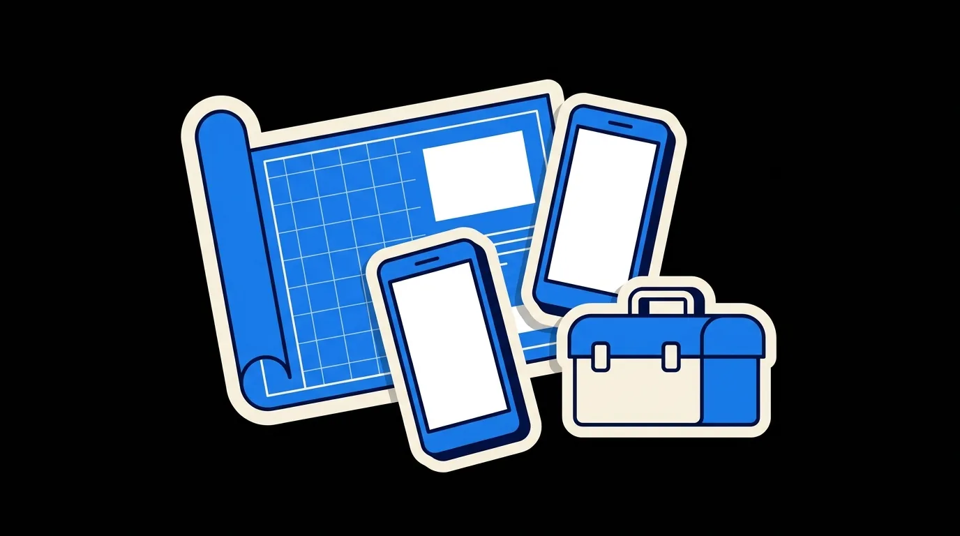 Two phones standing on a blueprint, with a toolbox