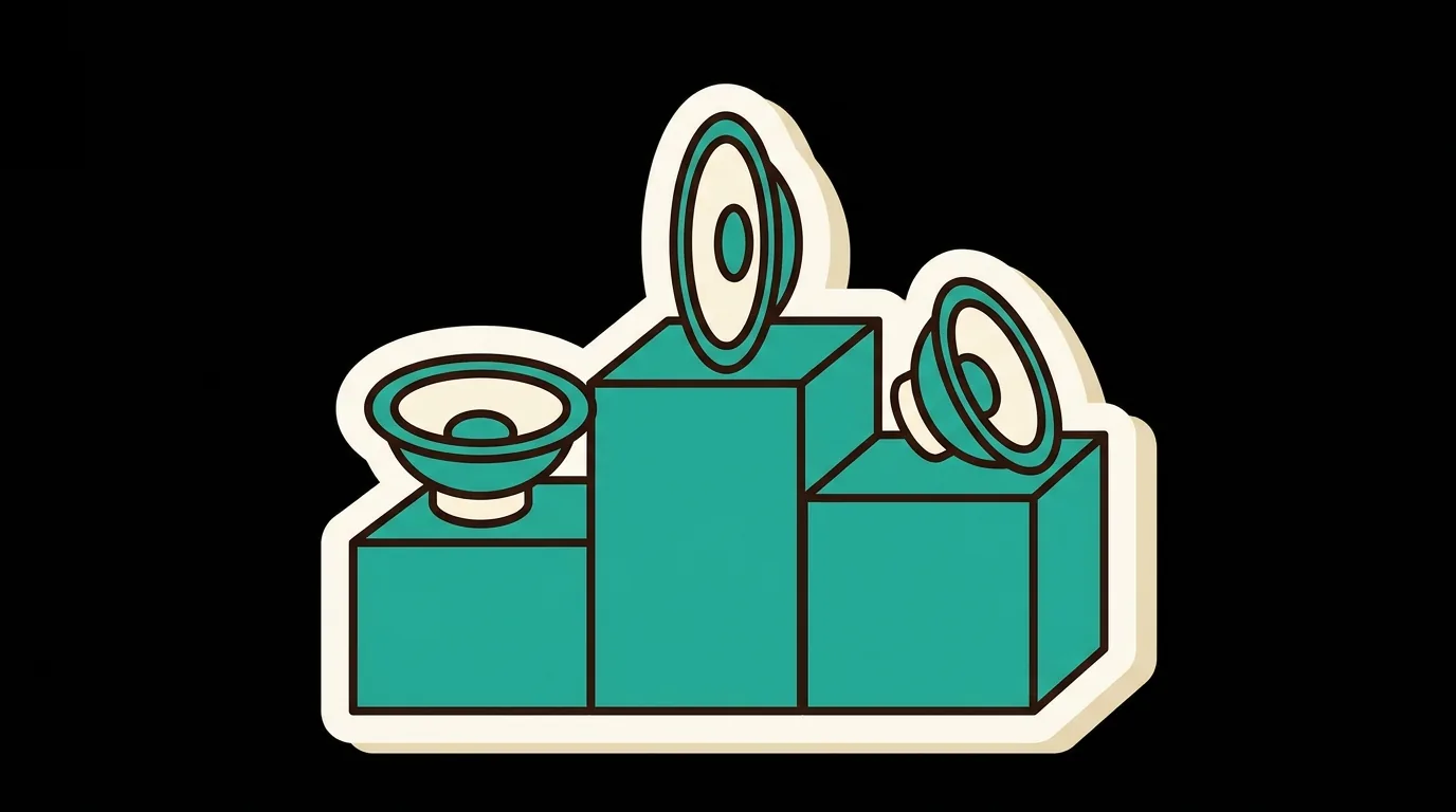Three speaker cones on a three-step podium