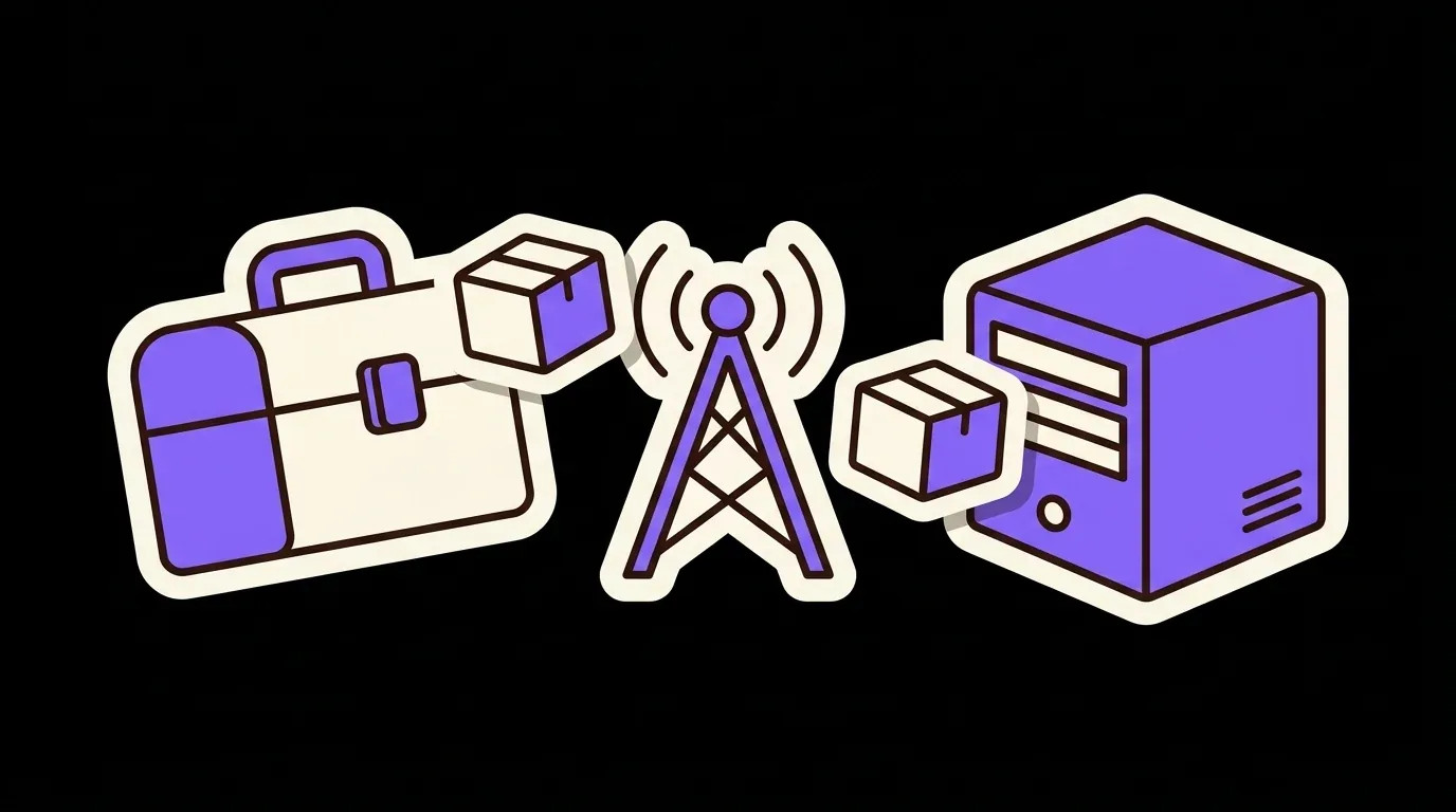 A parcel passing from a toolbox through a relay tower