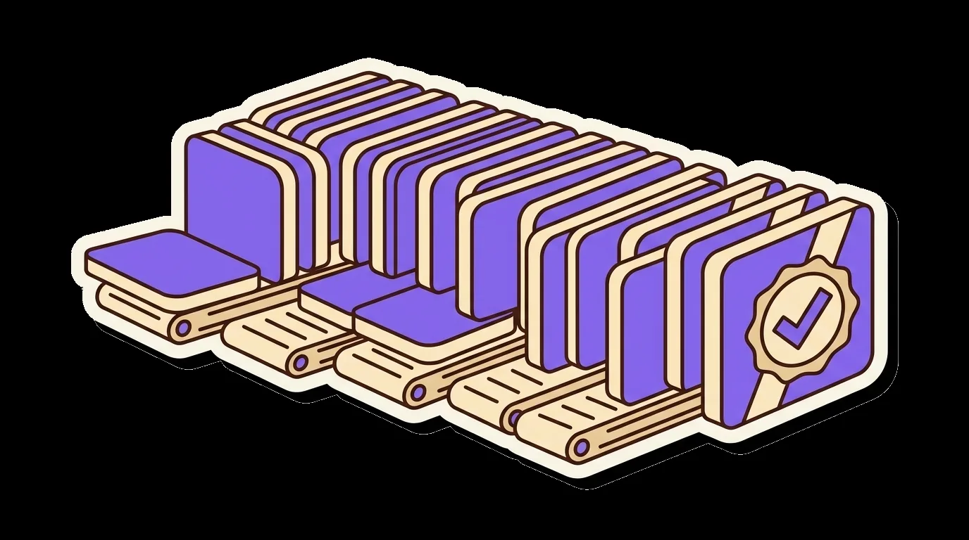 A large block cut into equal slices, carried in parallel and reassembled in order under a checkmark seal