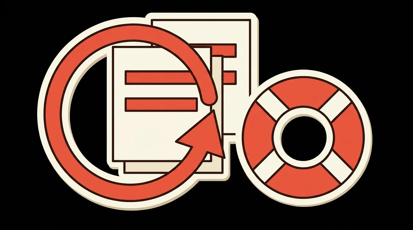 A document and its backup copy, with an undo arrow and a life ring