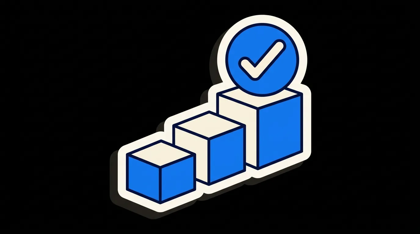 Three rising blocks with a checkmark seal on the top step