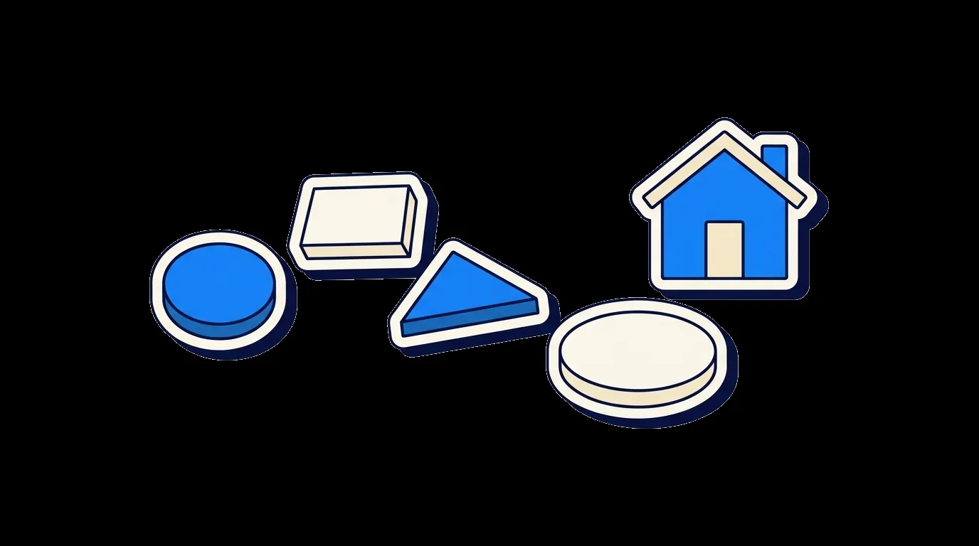 Four different stepping stones on a winding path that ends at home